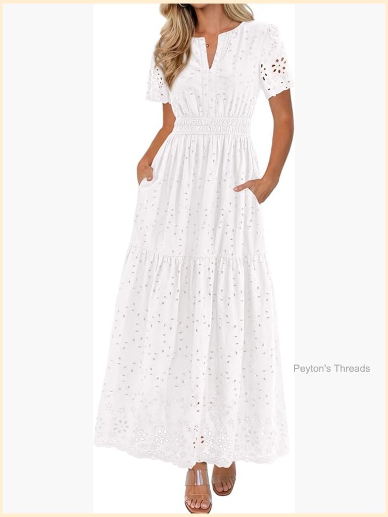 Cotton Maxi Dress Short Sleeve V Neck Hollow Out A Line Beach Vacation With
